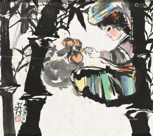 程十发（1921～2007） 竹林饲鸡 镜框 纸本