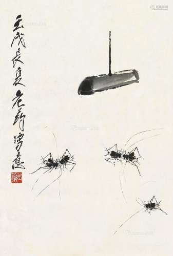 唐云（1910～1993） 蟋蟀图 镜框 纸本
