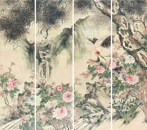 马文炳（1825～1898） 花鸟通屏 四通屏 纸本