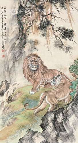 熊松泉（1884～1961） 双狮图 镜片 纸本