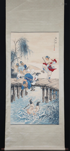 A CHINESE PAINTING DEPICTING FIGURES STORY