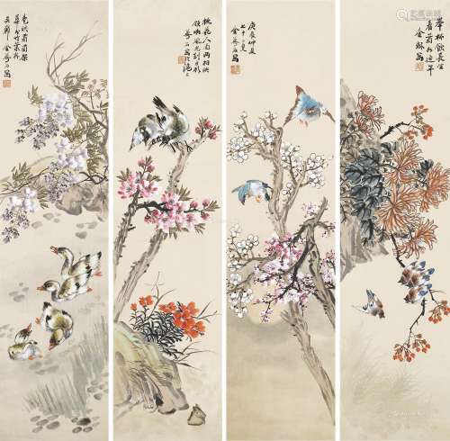 金梦石（1869～1952） 花鸟 （四幅） 四屏镜框 纸本