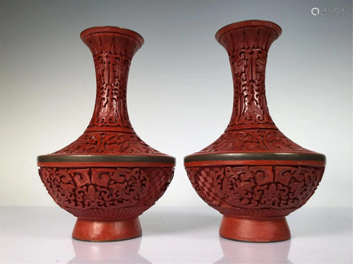 PAIR OF CARVED RED LACQUER VASES