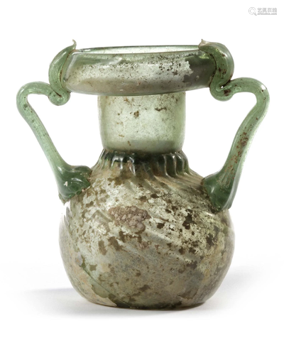 A ROMAN GLASS BOTTLE, DOUBLE HANDLED, 2ND-3RD CENTURY