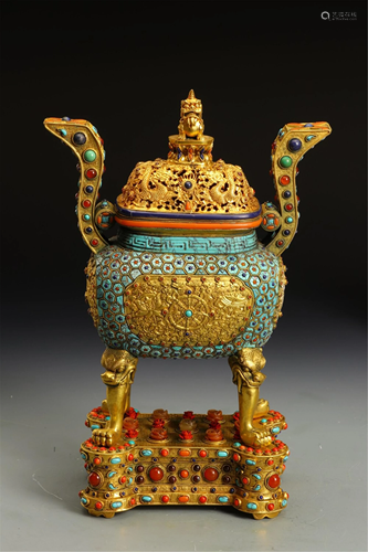 A BRONZE GILT INCENSE BURNER INLAID WITH HARD-STONES