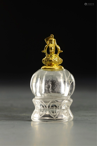 A CRYSTAL CARVED BUDDHIST BOTTLE WITH COVER