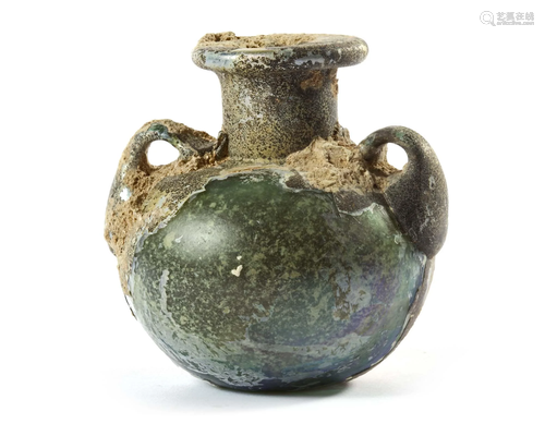 A ROMAN DOUBLE HANDLED BASSALAMARIAN GLASS BOTTLE,