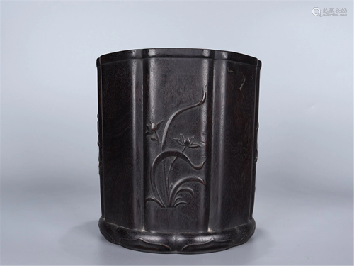 A CARVED HARDWOOD BRUSH POT