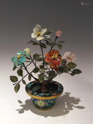 A HARD-STONES FLORAL BONSAI WITH CLOISONNE BASIN