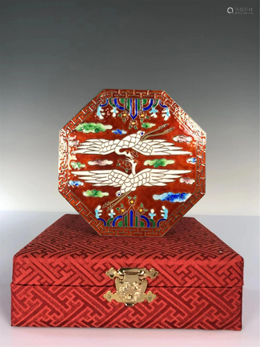 A SILVER ENAMEL CRANES OCTAGONAL BOX AND COVER