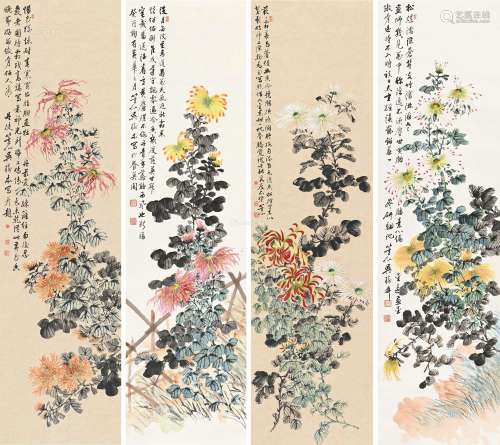 吴树本（1869～1938） 菊寿 （四幅） 四屏立轴 纸本