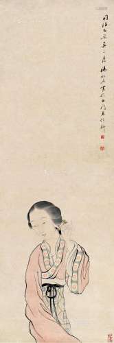 汤禄名（1804～1874） 簪花仕女 镜片 纸本