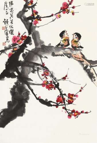钱行健（1935～2010） 梅花小鸟 镜片 纸本