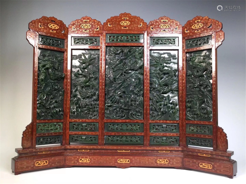 A CARVED DRAGONS JASPER INLAID HARDWOOD TABLE SCREEN