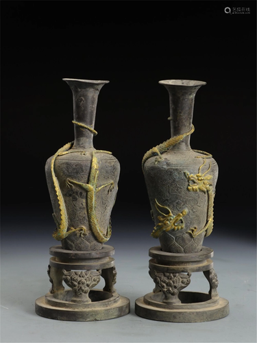 PAIR OF SILVER GILDING COILED DRAGONS VASES