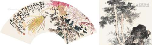谢公展（1885～1940） 菊花 扇轴双挖 纸本