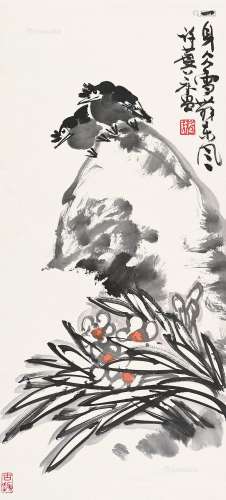 许麟庐（1916～2011） 水仙小鸟 立轴 纸本