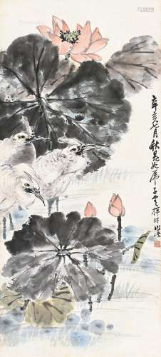 赵云壑（1874～1955） 荷塘白鹭 屏轴 纸本