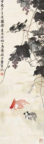 汪亚尘（1894～1983）黄独峰（1913～1998） 金鱼小鸟 立轴 纸本