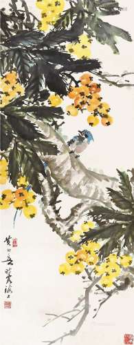 黄幻吾（1906～1985） 枇杷小鸟 立轴 纸本
