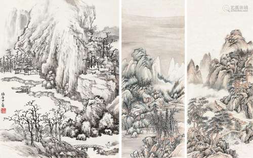 樊浩霖（1885～1962） 山水画稿 （十一幅选三） 镜心 纸本