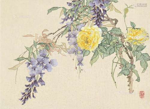 汤世澍（1831～1903） 紫藤月季 立轴 绢本