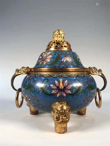 A BLUE GROUND CLOISONNE TRIPOD INCENSE BURNER