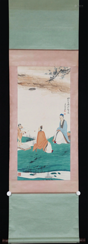 A CHINESE PAINTING DEPICTING FIGURES STORY