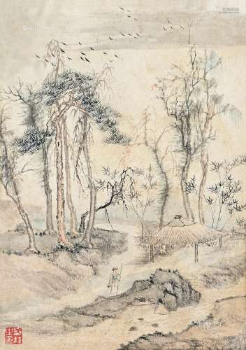 邹一桂（1688 ～1772） 寒林策杖 立轴 纸本