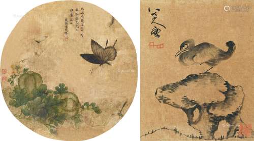 八大山人（1626～约1705）凤仙女史（清）（款） 湖石小鸟 花蝶 （二幅） 镜...