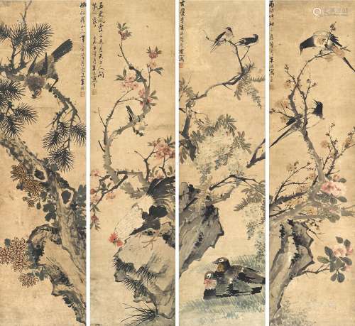 朱偁（1826～1900） 花鸟 （四幅） 屏轴 纸本