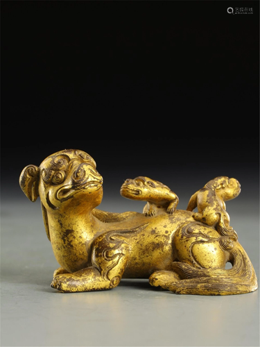 A GILT BRONZE MOTHER-AND-SON BEASTS PAPERWEIGHTS