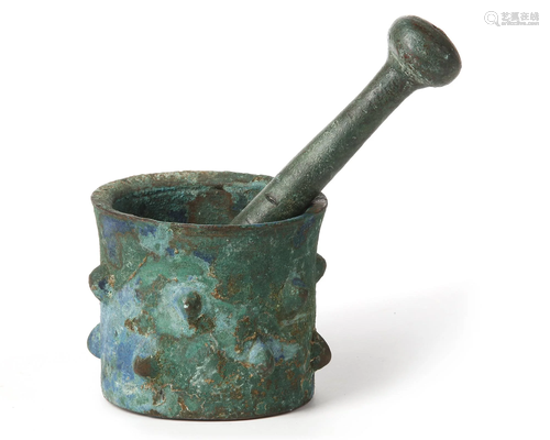 SELJUK DECORATED BRONZE PESTLE AND MORTAR, 11TH-12TH