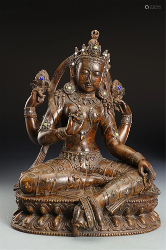 A HARD-STONES INLAID CHENXIANG WOOD AVALOKITESVARA