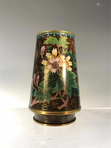 A BROWN GROUND CLOISONNE ENAMEL FLORAL BRUSH…