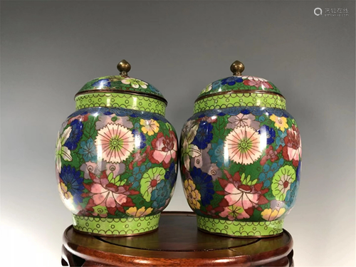 PAIR OF GREEN GROUND CLOISONNE ENAMEL JARS AND CO…