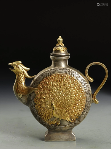 AN ALLOY COPPER GILT PEACOCK AND MAGPIE POT