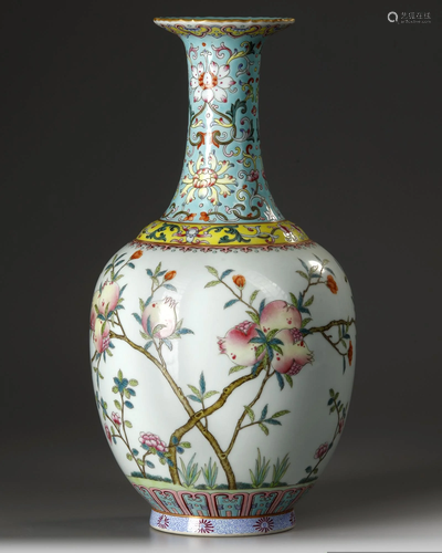 A CHINESE TURQUOISE-GROUND FAMILLE-ROSE VASE, 19TH-…