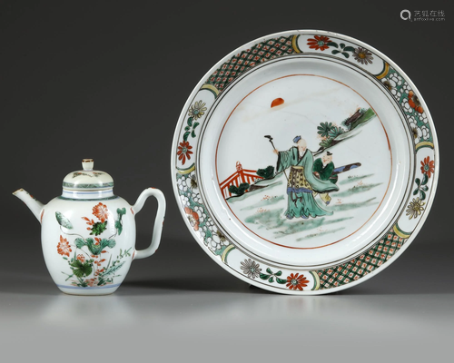 A CHINESE DOUCAI LOTUS TEAPOT AND FAMILLE VERTE DISH,