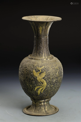 A GILT ALLOY COPPER INCISED PHOENIX VASE