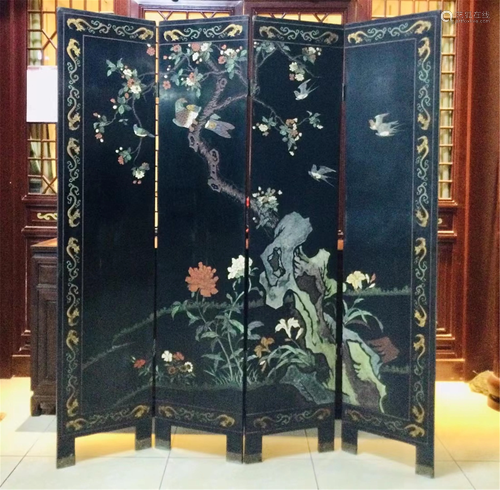 A POLYCHROME LACQUERED FLOWER-BIRD FOLDING SCREEN