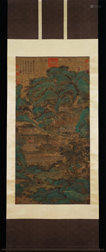 A CHINESE SILK PAINTING OF MOUNTAIN PAVILIONS