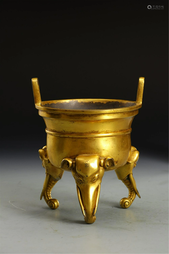 A GILT BRONZE TRIPOD INCENSE BURNER WITH DOUBLE HA…