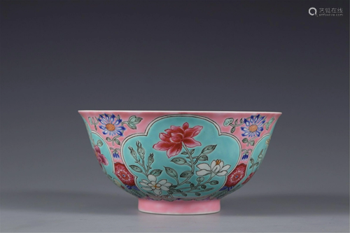 A PINK GROUND FAMILLE ROSE FLORAL BOWL