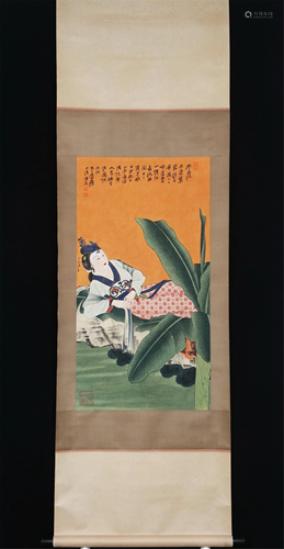 A CHINESE PAINTING OF BEAUTY AND BANANA TREE