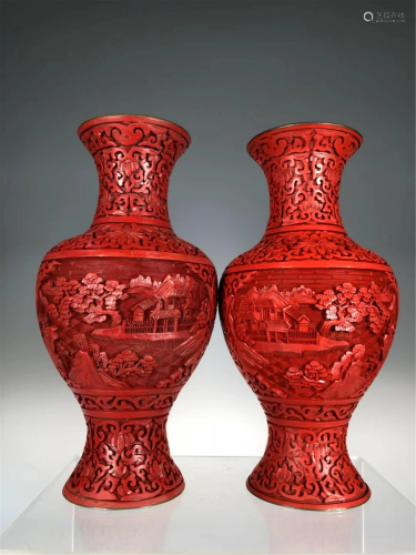 PAIR OF CARVED RED LACQUER LANDSCAPE VASES