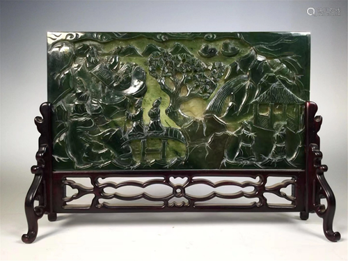 A JASPER CARVED FIGURES STORY TABLE SCREEN