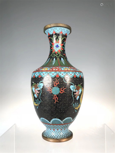 A BLACK GROUND CLOISONNE DOUBLE DRAGONS VASE