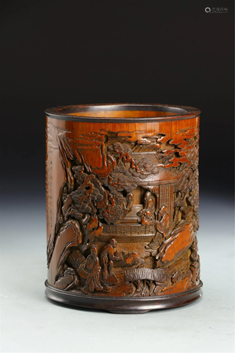 A BAMBOO CARVED FIGURES STORY BRUSH POT