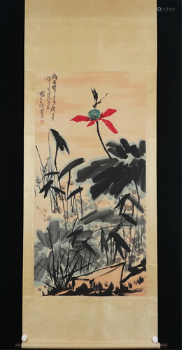 A CHINESE PAINTING OF RED LOTUS AND DRAGONFLY